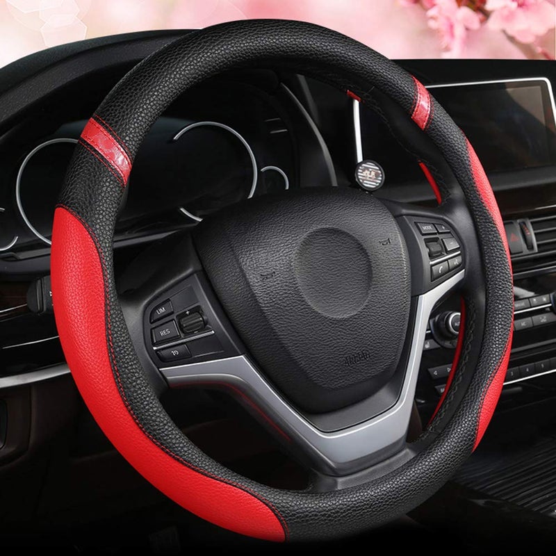 Cxtiy Steering Wheel Cover for Women Leather Universal Steering Wheel Cover for Car 15 inch (Red) - Image 1